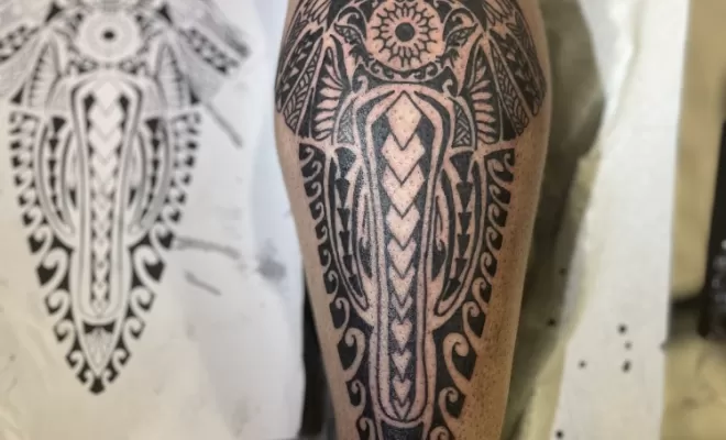 Tatouage totalement improvisé sur la Convention tatouage de Barsac. Tatouage d’inspiration maori, créé à la demande de la personne. 2ème Prix, au concours Grande Pièce.